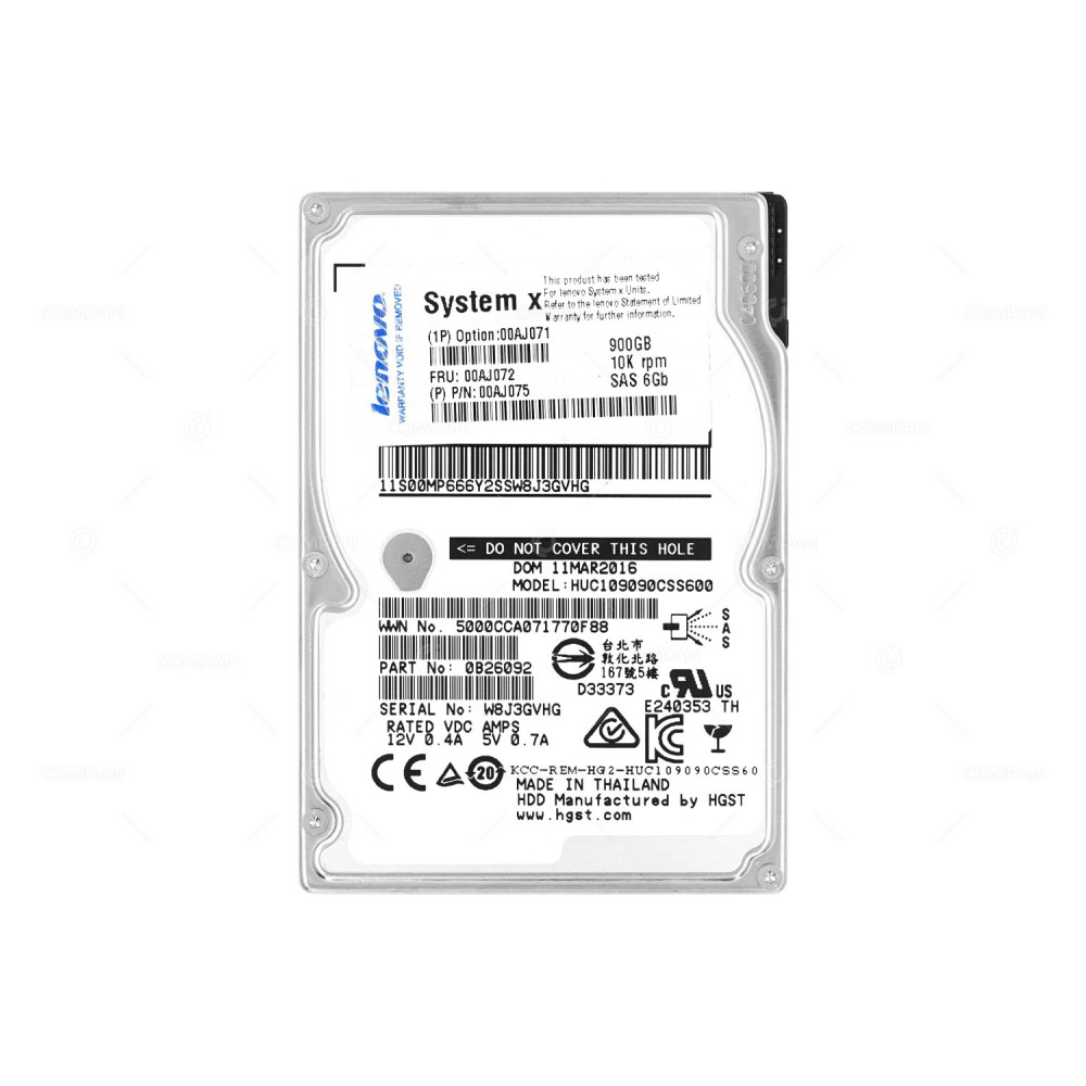 00AJ072 IBM 900GB 10K 6G SAS 2.5 SFF HOT-SWAP NO CADDY 00AJ071, 00AJ075, HUC109090CSS600, AL13SEB900